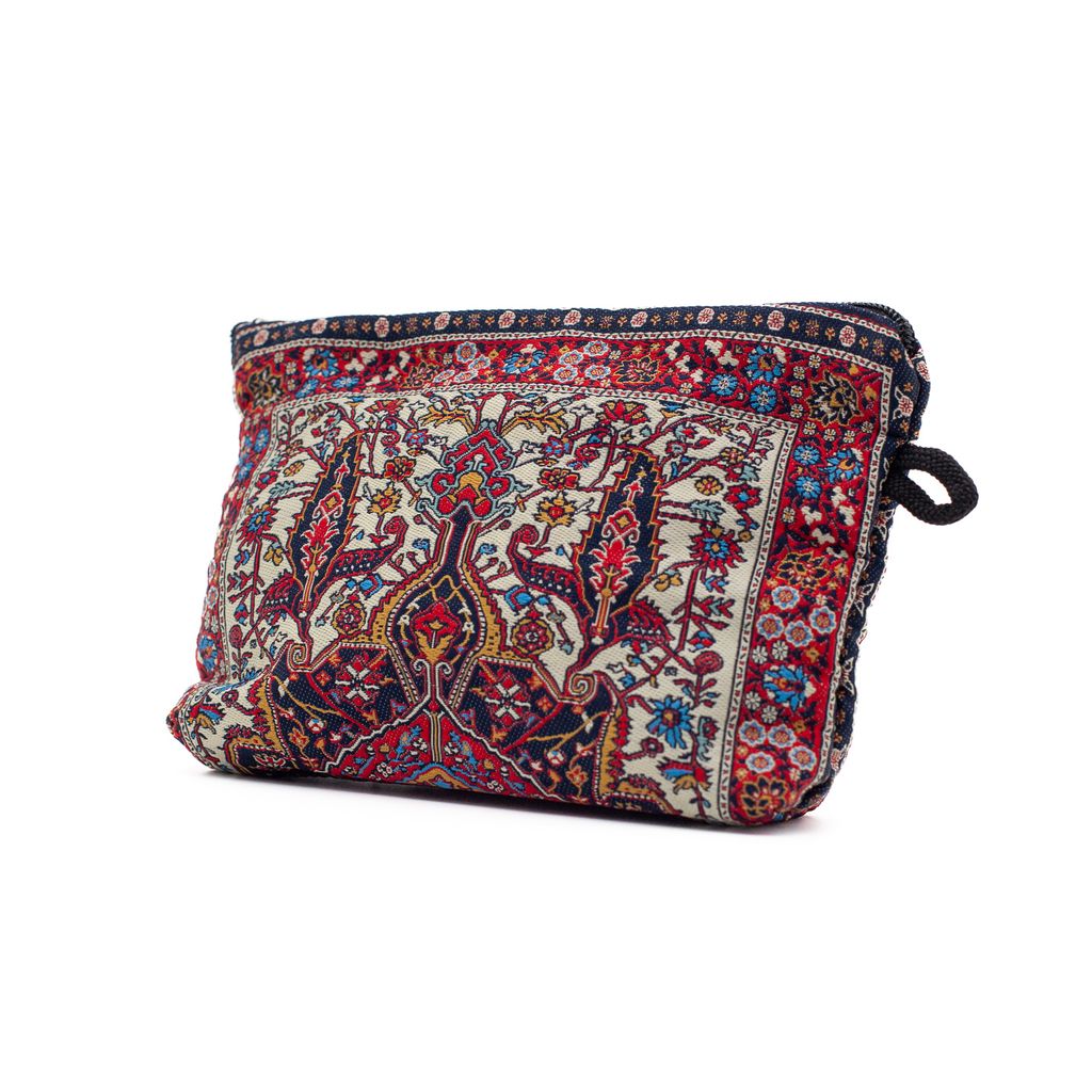 Decorative clutch bag with intricate colorful patterns on a white background.