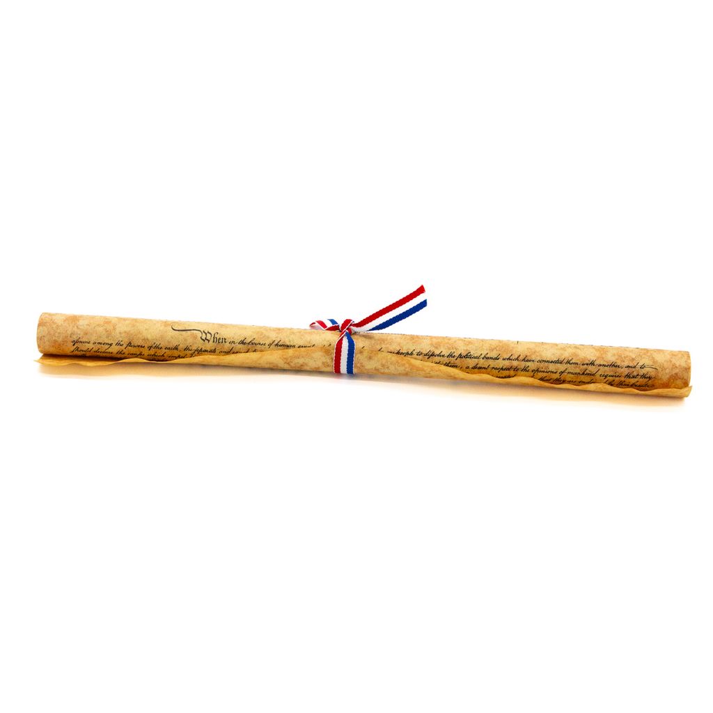 Rolled document tied with a red, white, and blue ribbon on a white background