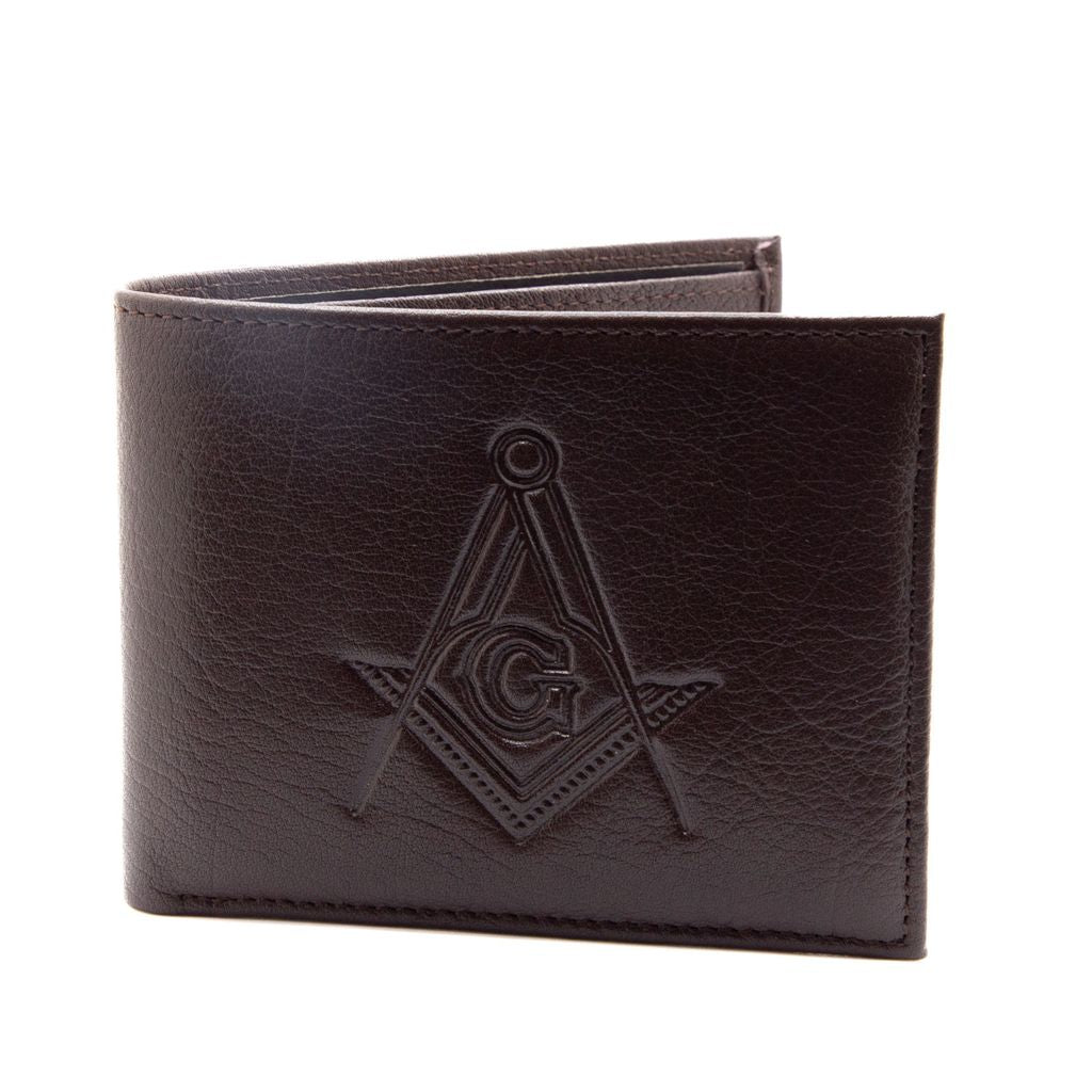 Brown leather wallet with Masonic emblem on a white background