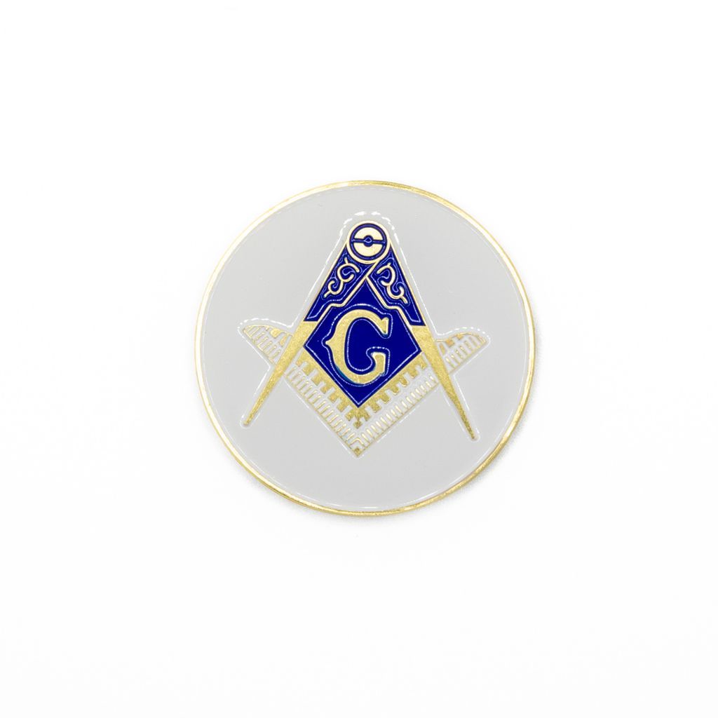 Blue and gold square and compass on circular white emblem with gold border
