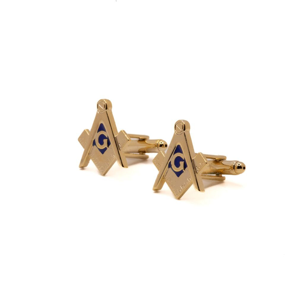 Gold cufflinks cut out in Square and Compass with blue center. 