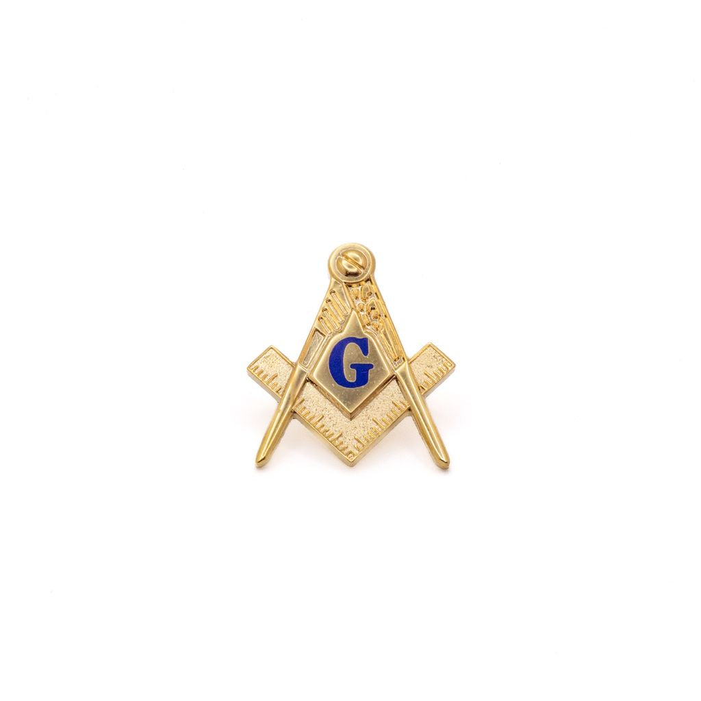 Gold Square and Compass symbol with blue 'G' on a white background