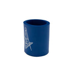 Blue cylindrical can holder with Square and Compass symbol on a white background.