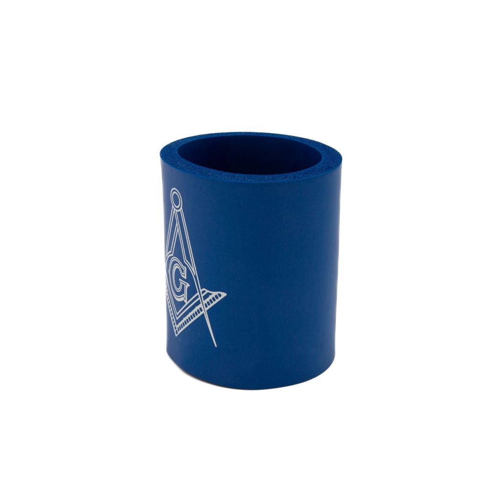 Blue cylindrical can holder with Square and Compass symbol on a white background.