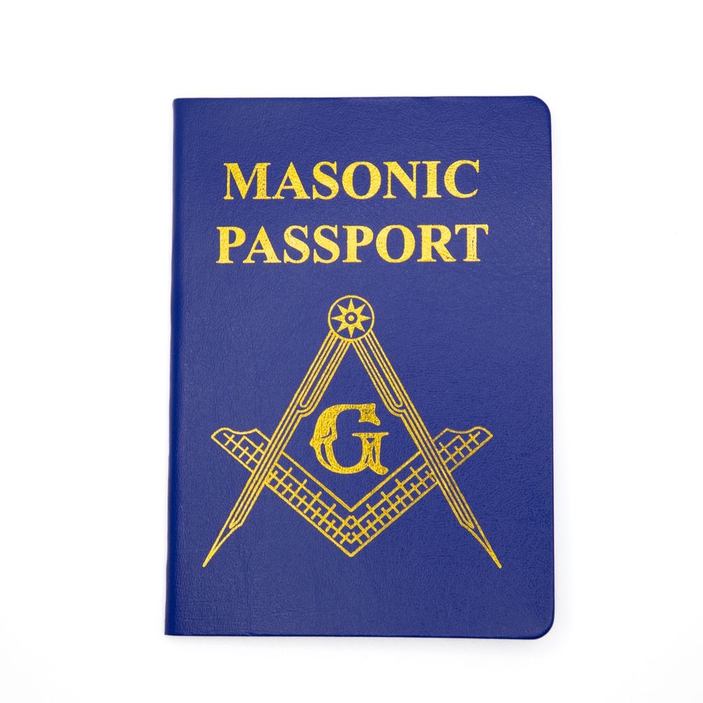 Blue notebook with gold 'Masonic Passport' text and Square and Compass on a white background
