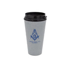 Gray travel mug with black lid featuring a blue Square and Compass on a white background