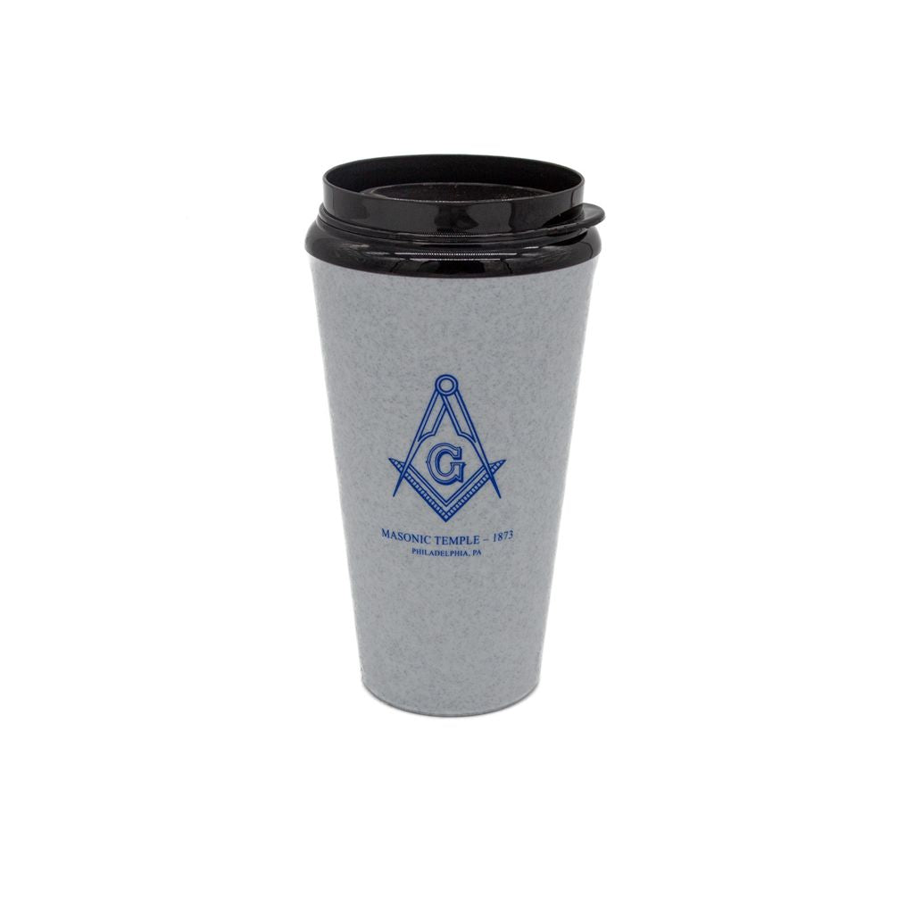 Gray travel mug with black lid featuring a blue Square and Compass on a white background