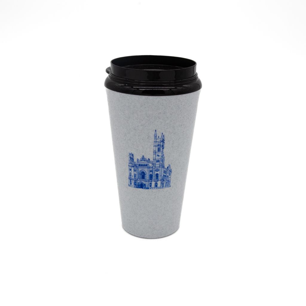 Gray travel mug with blue design featuring the Masonic Temple, Library and Museum and black lid on a white background