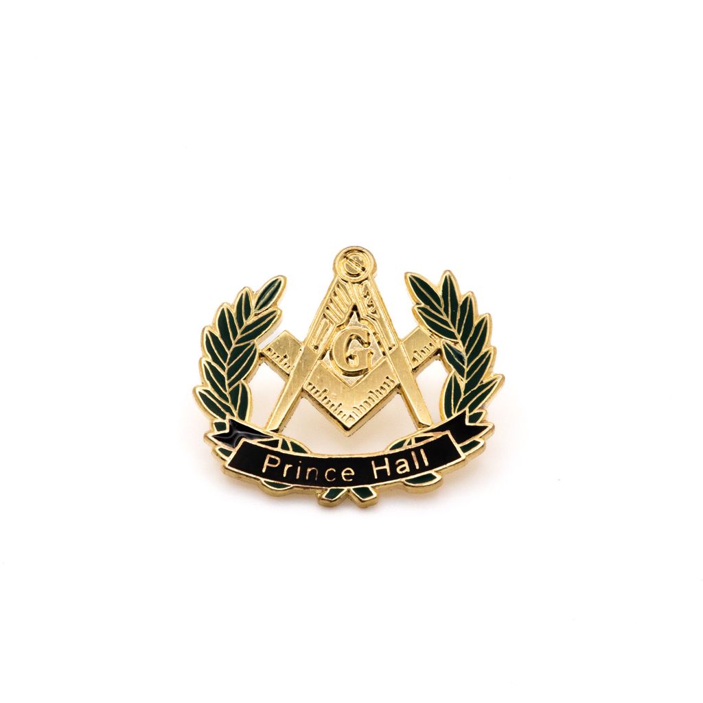 Gold, green and black lapel pin with Square and Compass surrounded by wreath and banner design, text reads 'Prince Hall' 