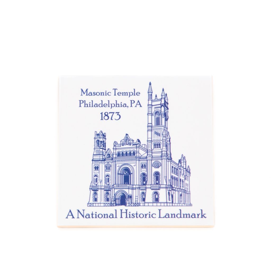 Tile with illustration of the Masonic Temple, Library & Museum and text, "Masonic Temple Philadelphia, PA 1873" and "A National Historic Landmark." 