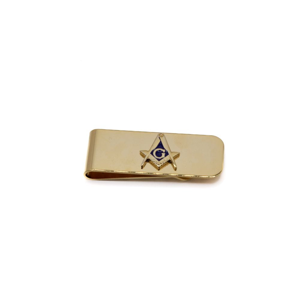 Gold money clip with Square and Compass on a white background
