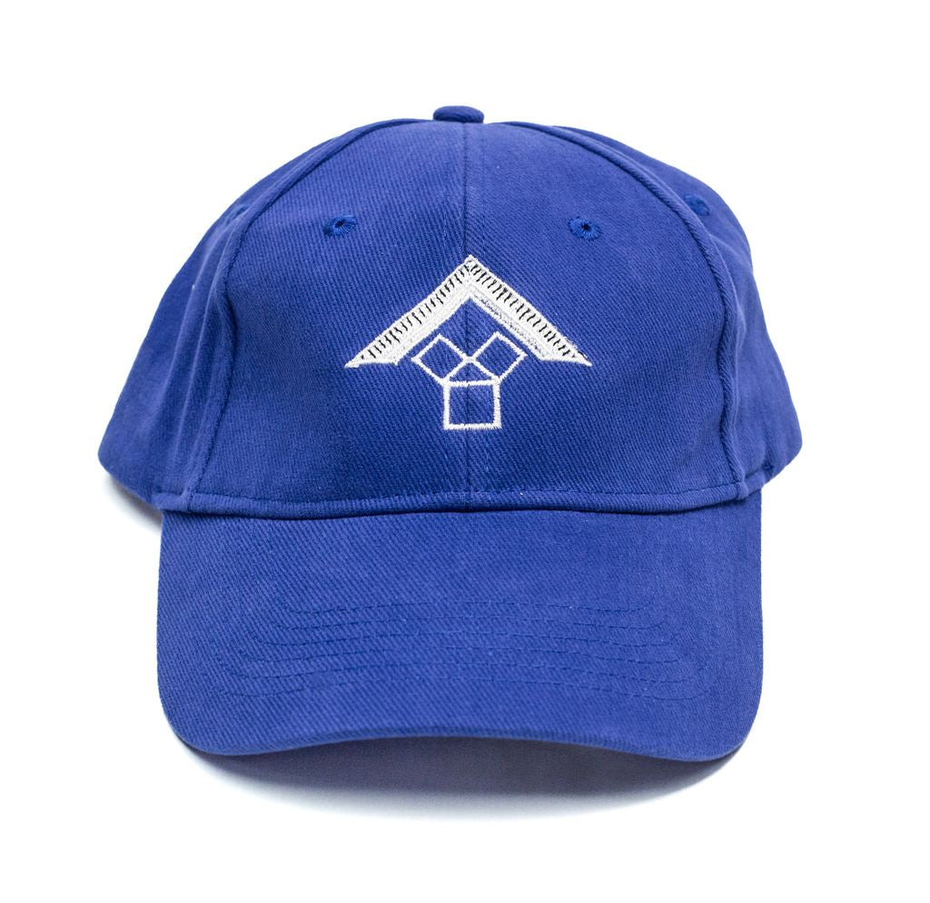 Blue cap with a white geometric logo on a white background