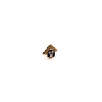 Lapel pin with gold, black and white geometric detail and gold triangular top resembling a square tool. 