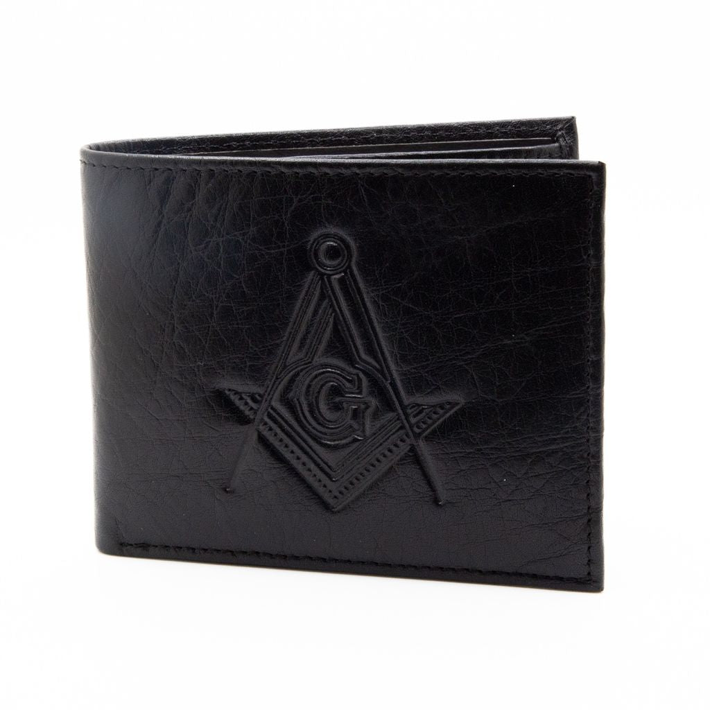 Black leather wallet with Masonic symbol on a white background