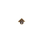 Lapel pin with gold, black and white geometric detail and gold triangular top resembling a square tool. 