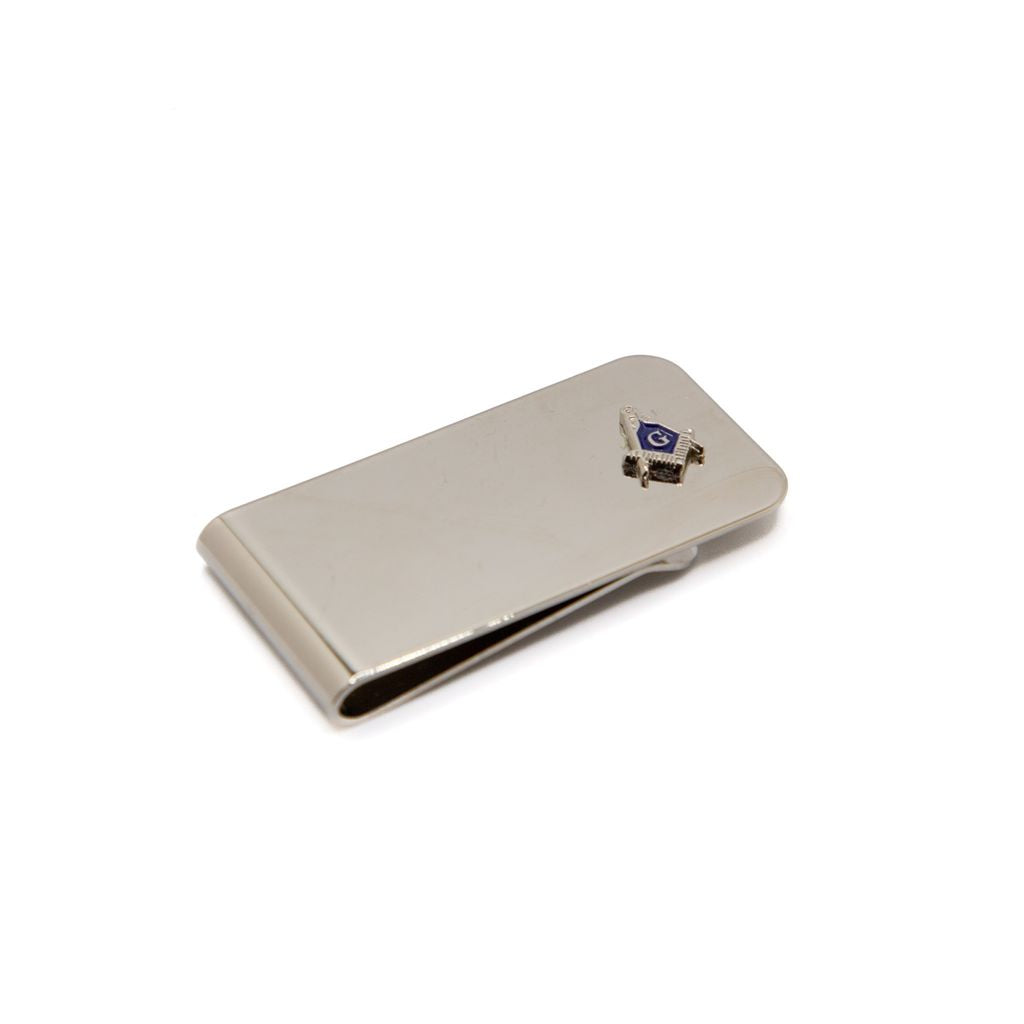 Silver money clip with square and compass on a white background.