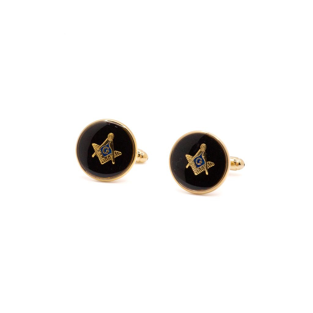 Masonic cufflinks with black and gold Square and Compass design on a white background