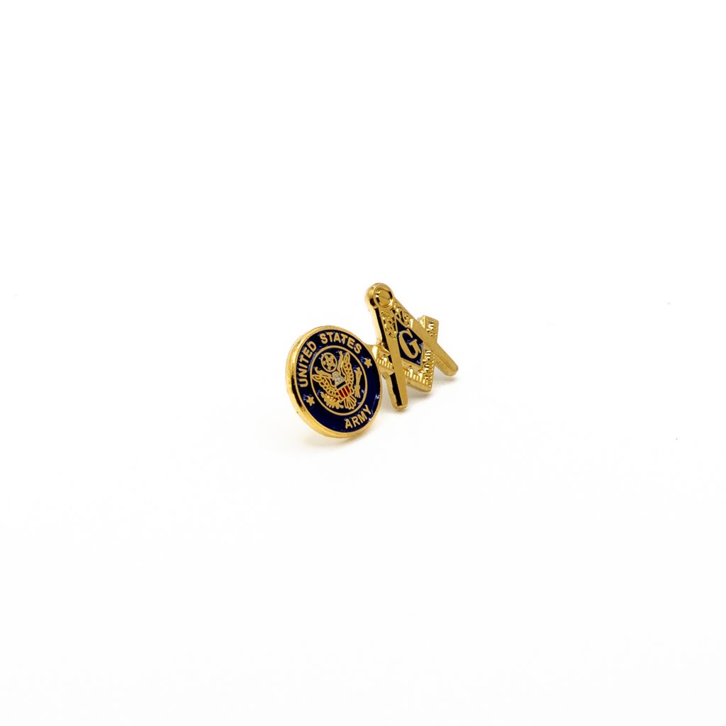 Lapel pin with side by side emblems of the US Army and masonic Square and Compass. 