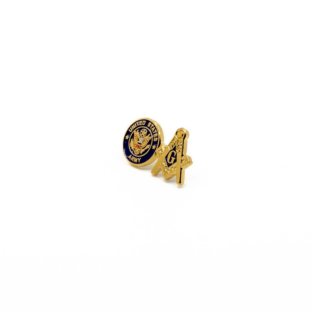 Lapel pin with side by side emblems of the US Army and masonic Square and Compass. 