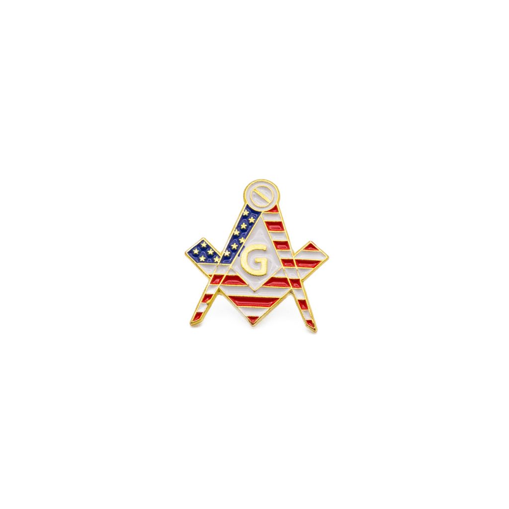 Lapel pin featuring Masonic Square and Compass cutout with American flag design on a white background