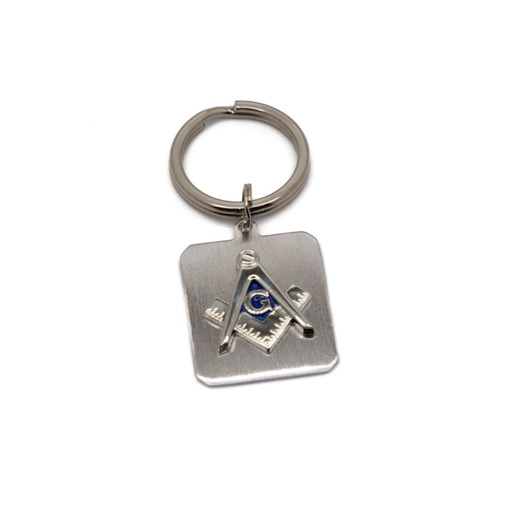 Silver keychain with Masonic design on a white background