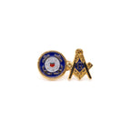 Lapel pin with dual logos of the US Coast Guard and Square and Compass with blue and gold accents. 