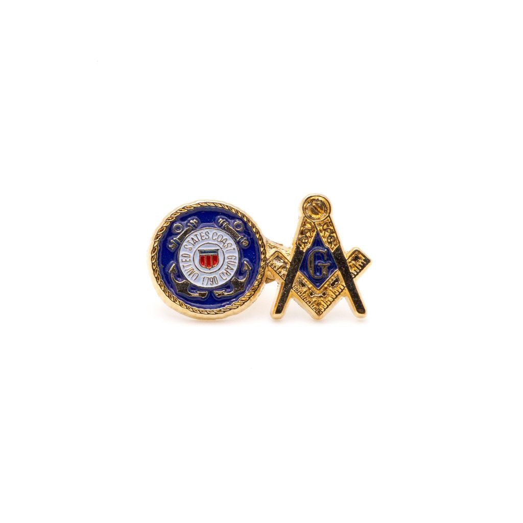 Lapel pin with dual logos of the US Coast Guard and Square and Compass with blue and gold accents. 