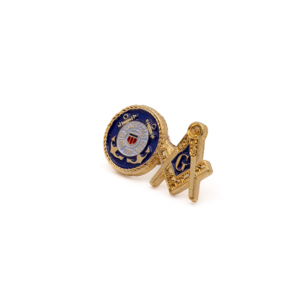 Blue and gold lapel pin with side-by-side emblems of the US Coast Guard and masonic Square and Compass. 