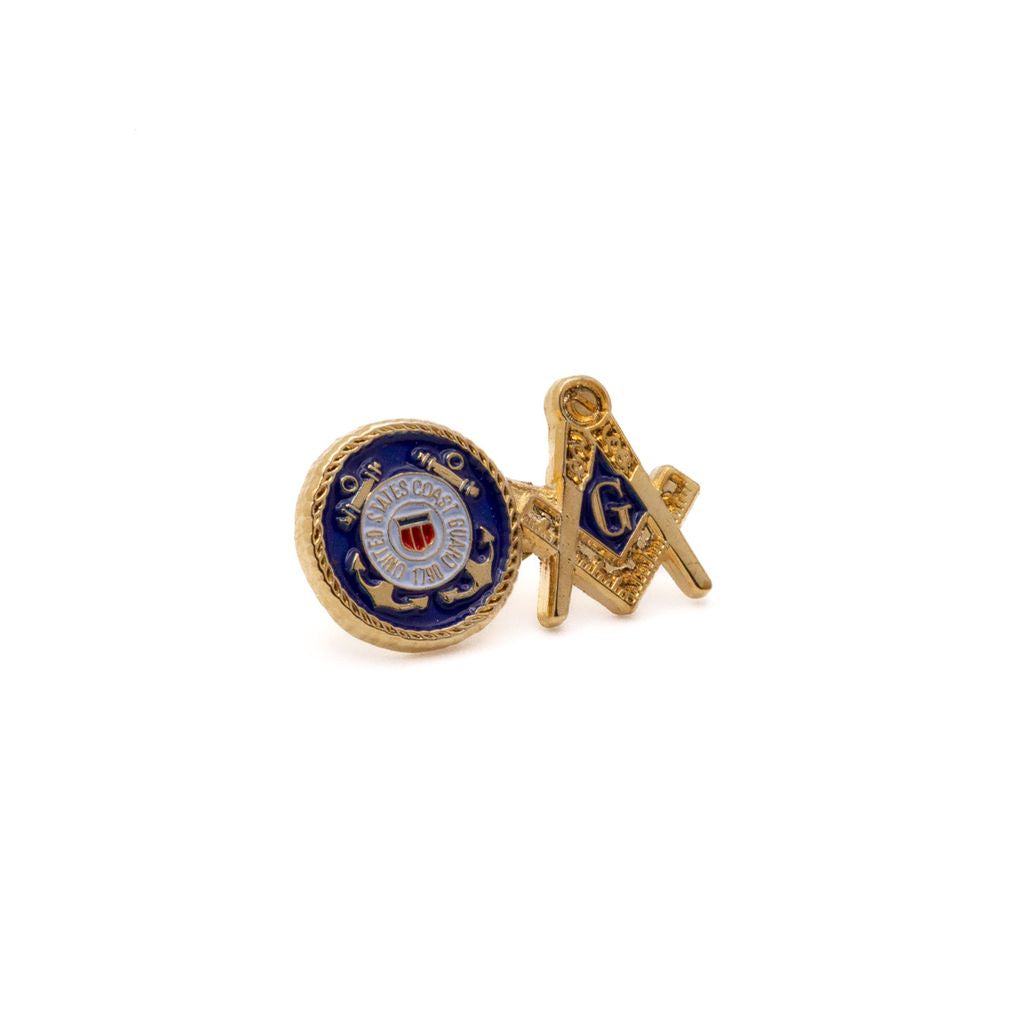 Side by side emblems on a lapel pin, one is the US Coast Guard emblem and one is a gold and blue square and compass. 