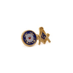Side by side emblems on a lapel pin, one is the US Coast Guard emblem and one is a gold and blue square and compass. 