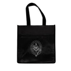 Black tote bag with a Masonic emblem on a white background