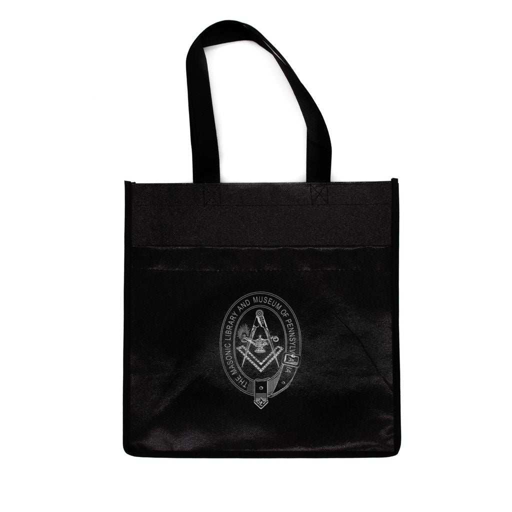 Black tote bag with a Masonic emblem on a white background