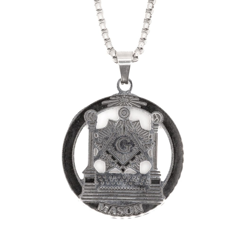 Silver masonic pendant necklace with square and compass design and text reading 'Mason' on a white background