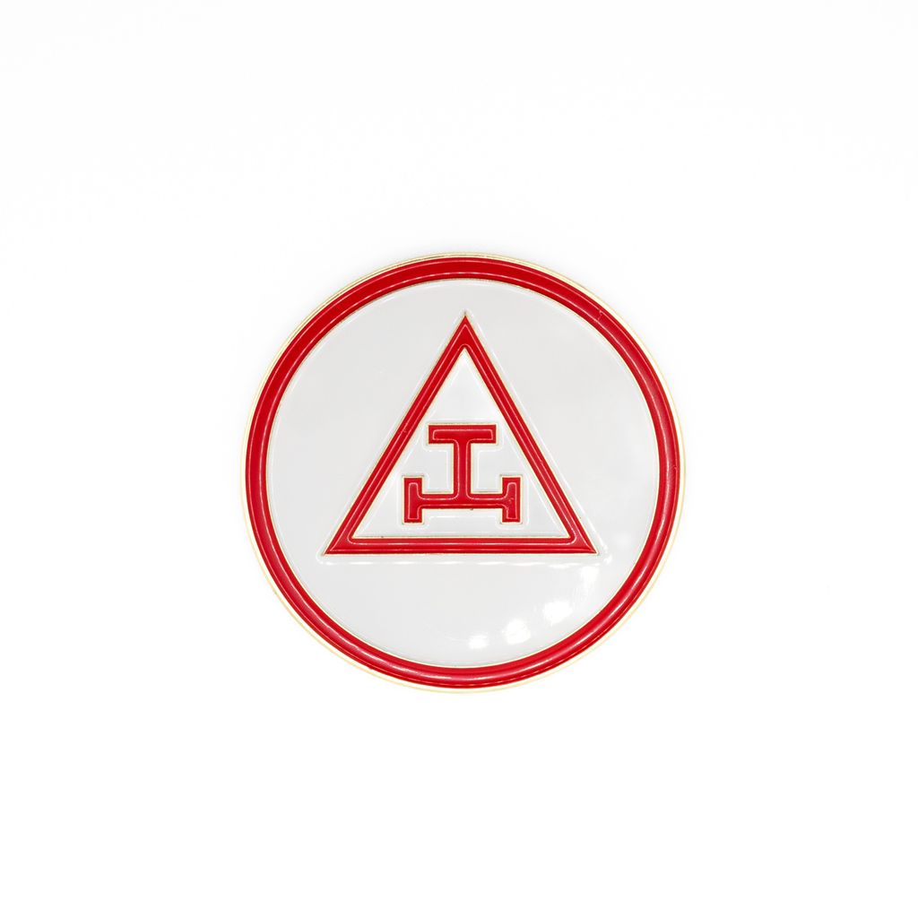 Circular emblem with red border and central triangular design on a white background