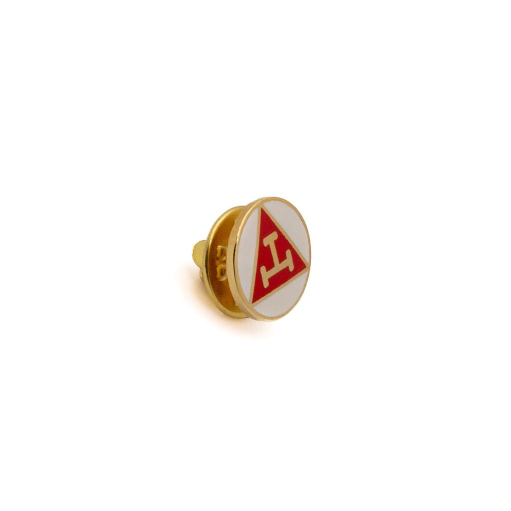 Pin with red and gold triangular design on a white background