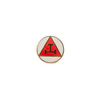 Pin with red and gold triangular design on a white background