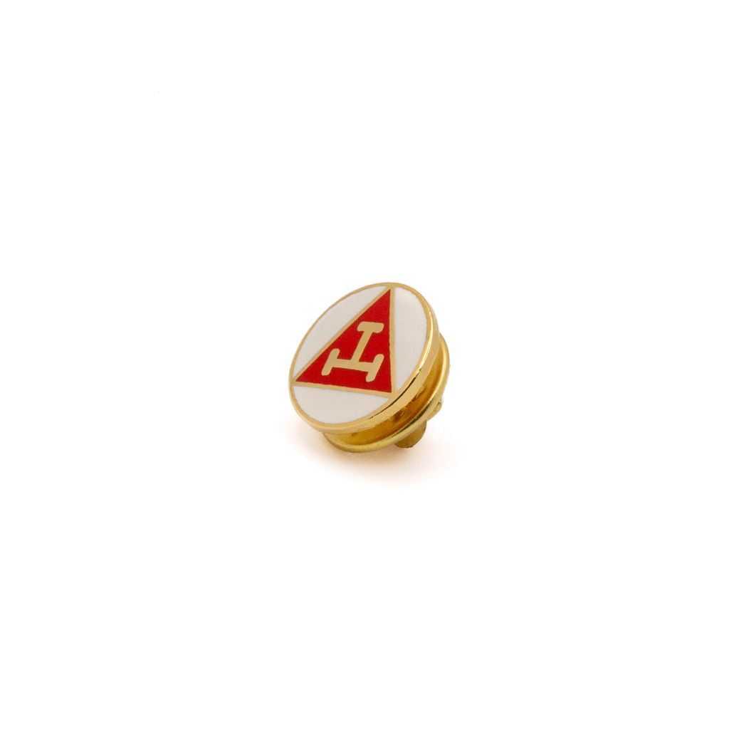Pin with red and gold triangular design on a white background