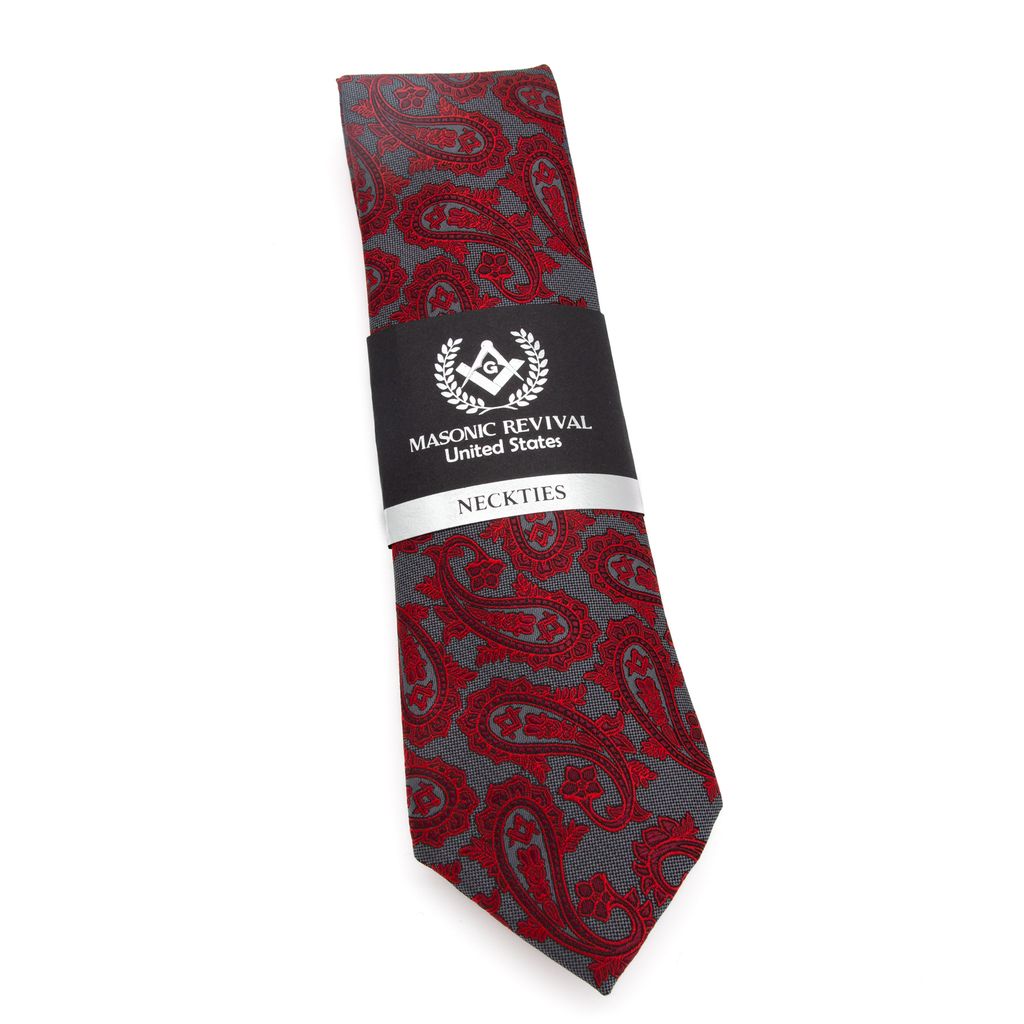 Red and gray patterned necktie with a label on a white background