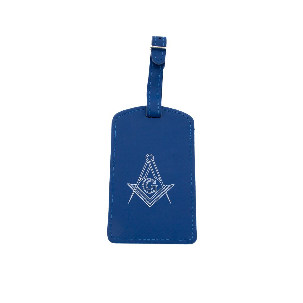 Blue luggage tag with Square and Compass on a white background