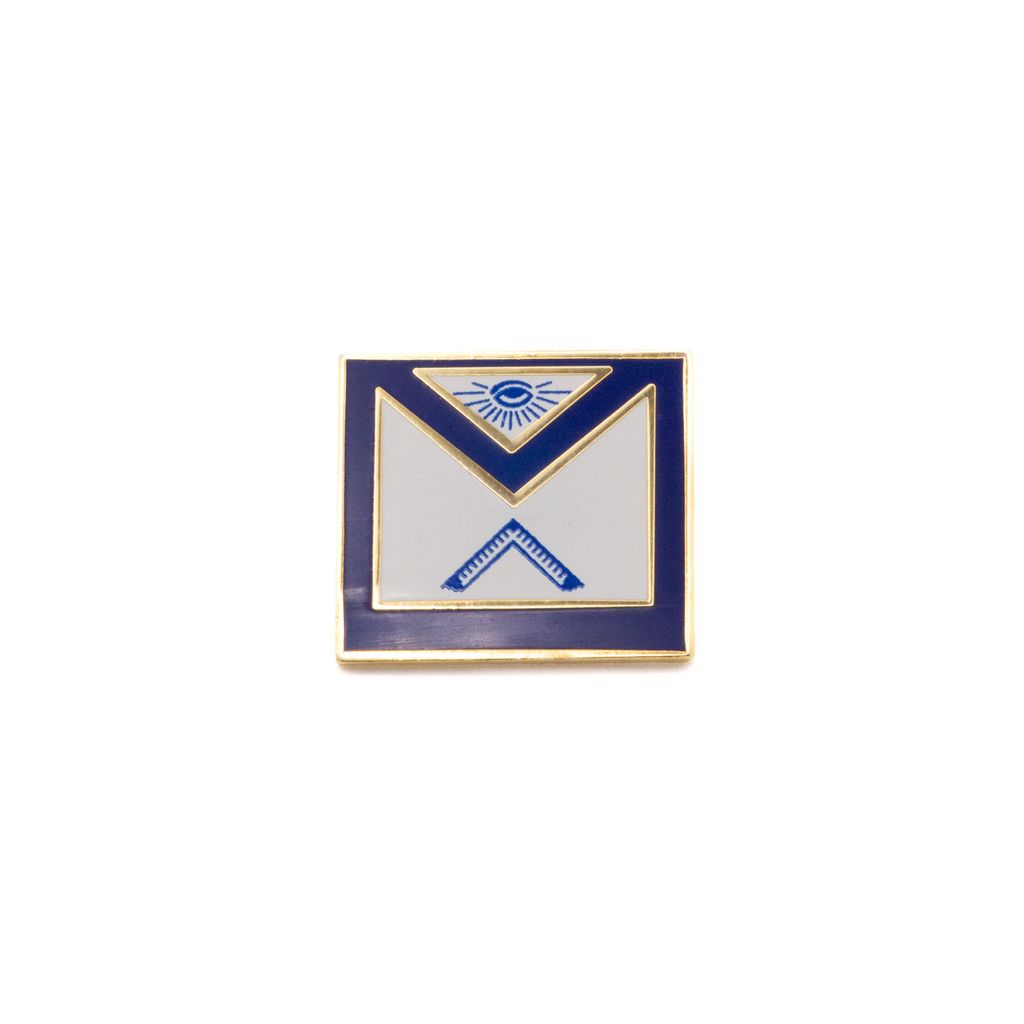 Masonic apron pin with blue and gold design on a white background