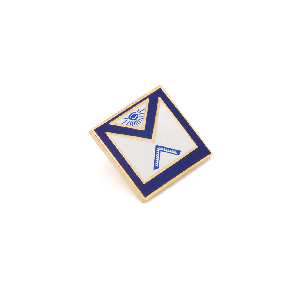 Masonic apron lapel pin with blue and gold accents. 