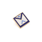 Masonic apron lapel pin with blue and gold accents. 
