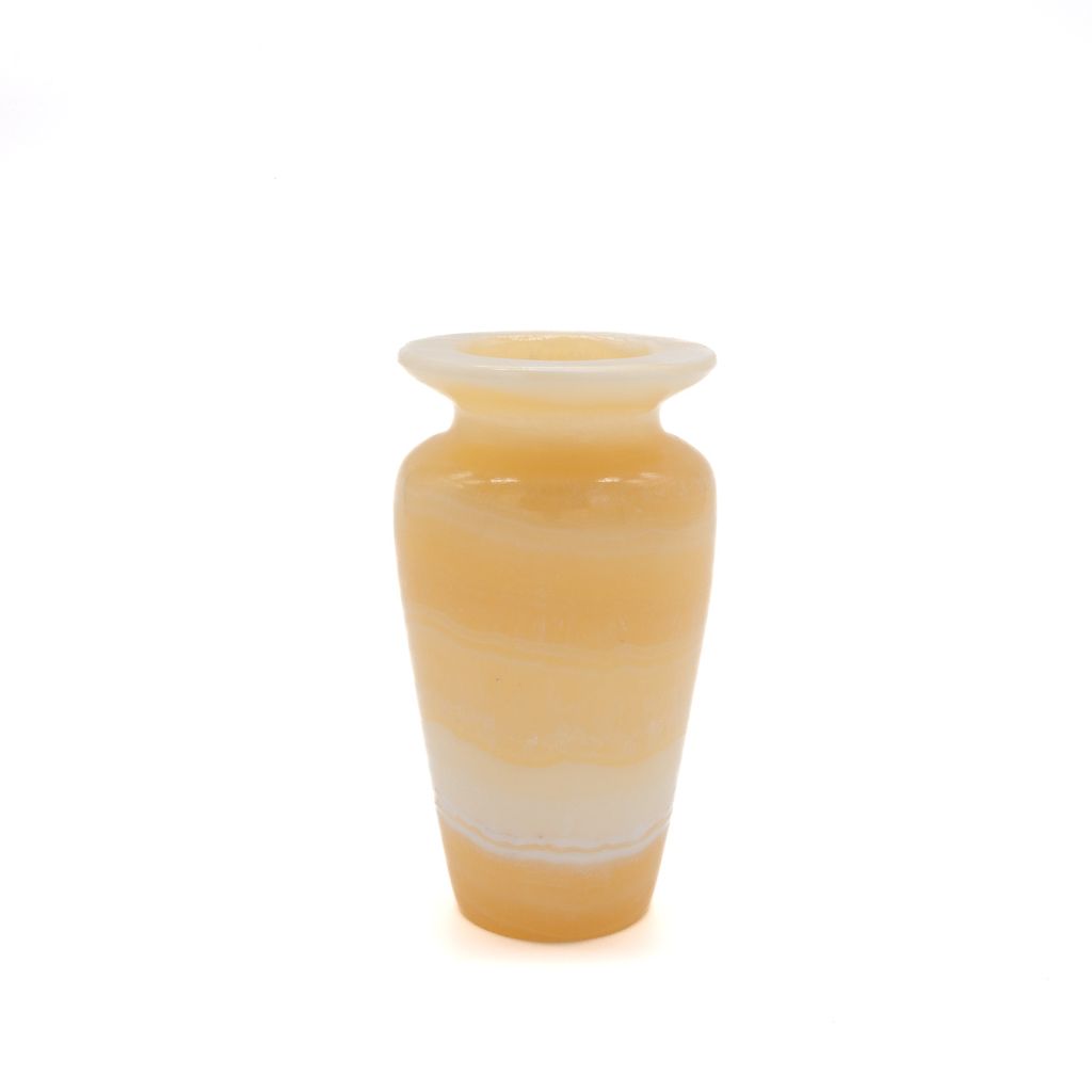 Decorative vase with tan and white swirl design on a white background