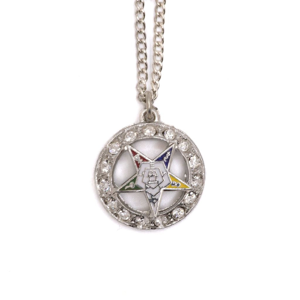 Circular pendant with colorful Order of the Eastern Star design on a chain against a white background