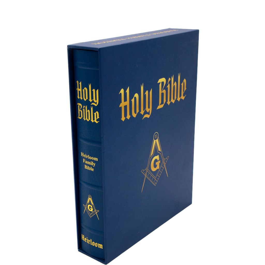 Blue Bible with gold lettering and Square and Compass on a white background