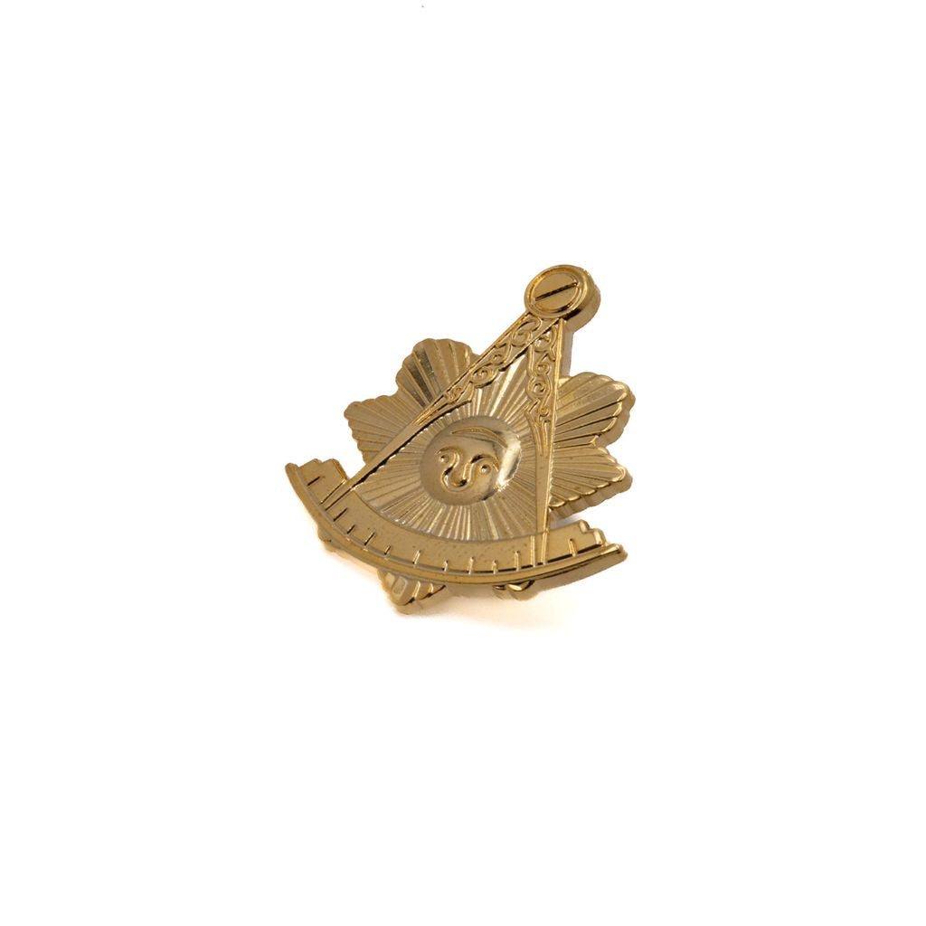 Gold Masonic symbol lapel pin on a white background