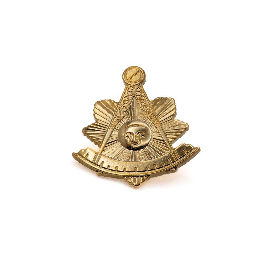 Gold Masonic symbol lapel pin on a white background
