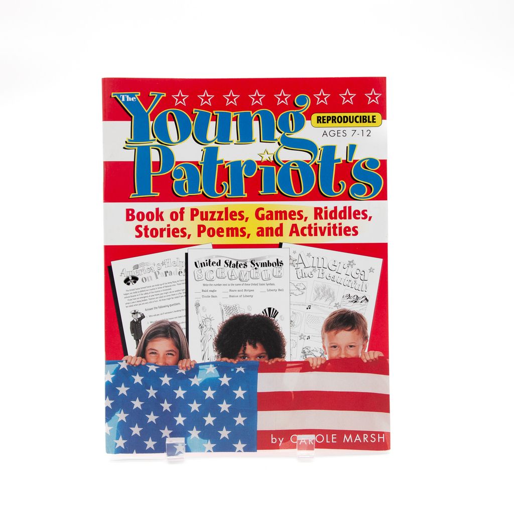 Book titled 'The Young Patriot's Book of Puzzles, Games, Riddles, Stories, Poems, and Activities' with a red, white, and blue design.