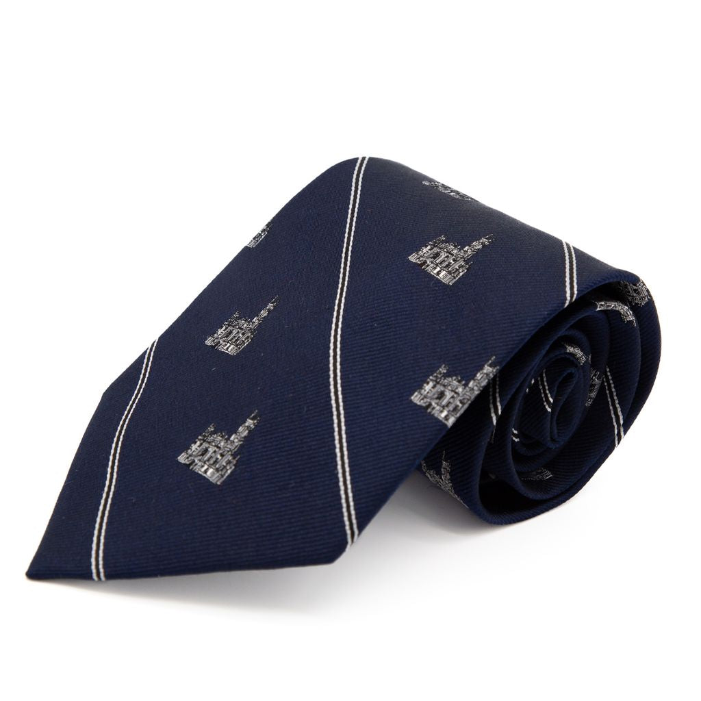 Navy blue tie with small white Masonic Temple building pattern on a white background