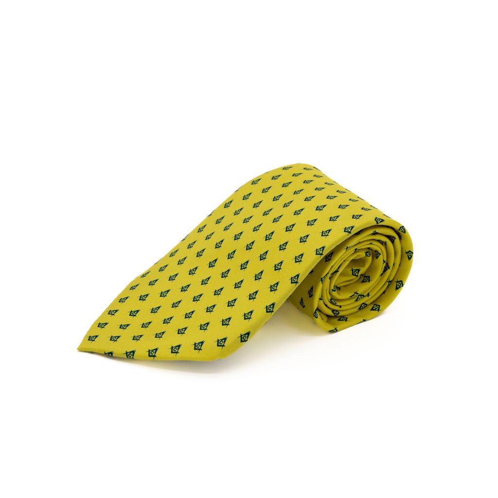 Yellow tie with a blue Square and Compass pattern on a white background